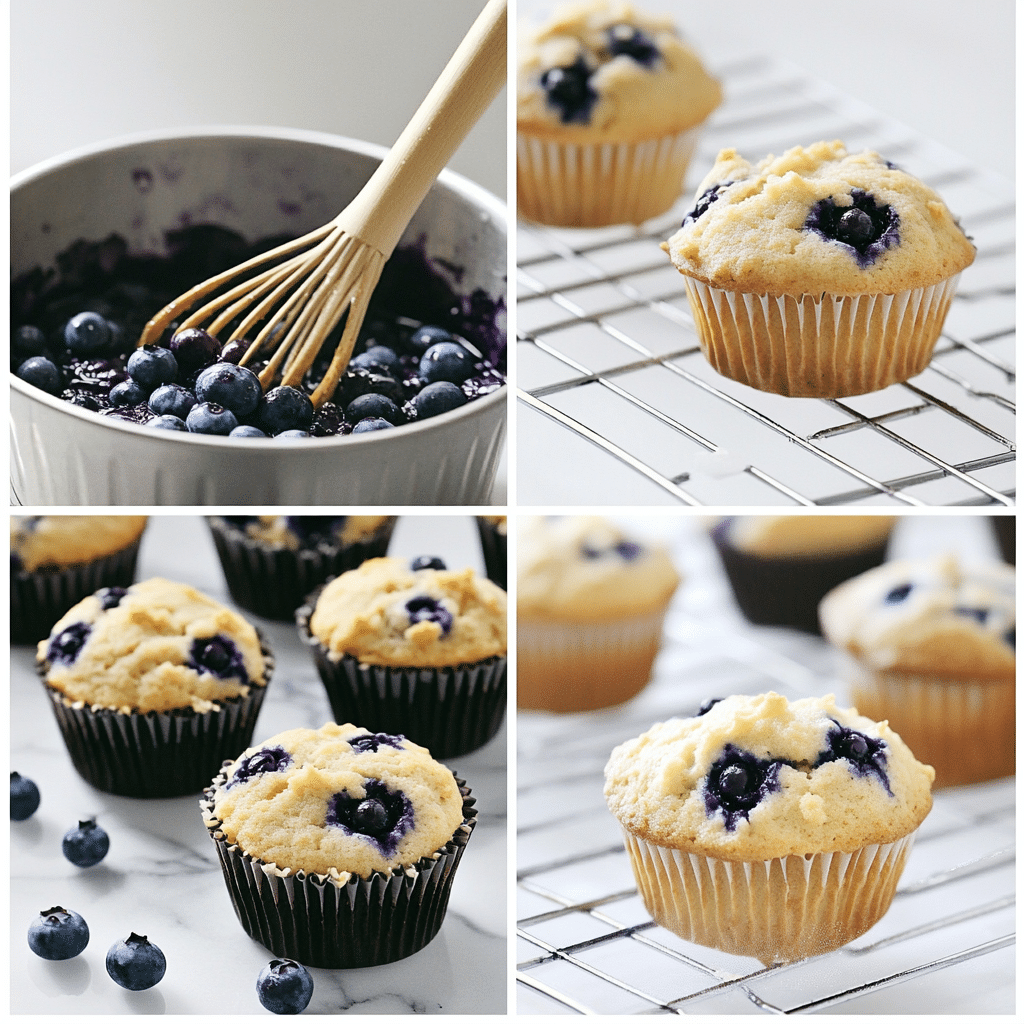 Four-panel collage showing steps to make sourdough discard blueberry muffins