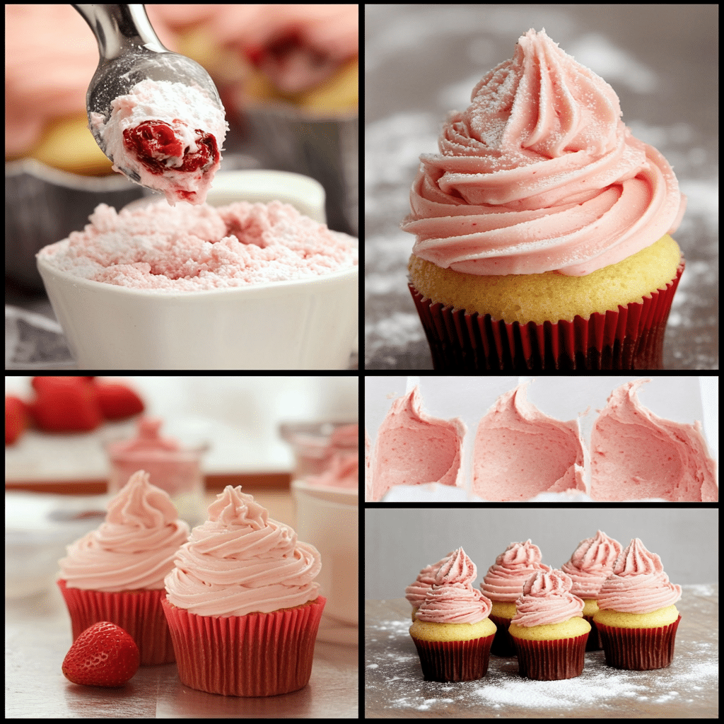 Collage of grinding strawberries and piping strawberry buttercream
