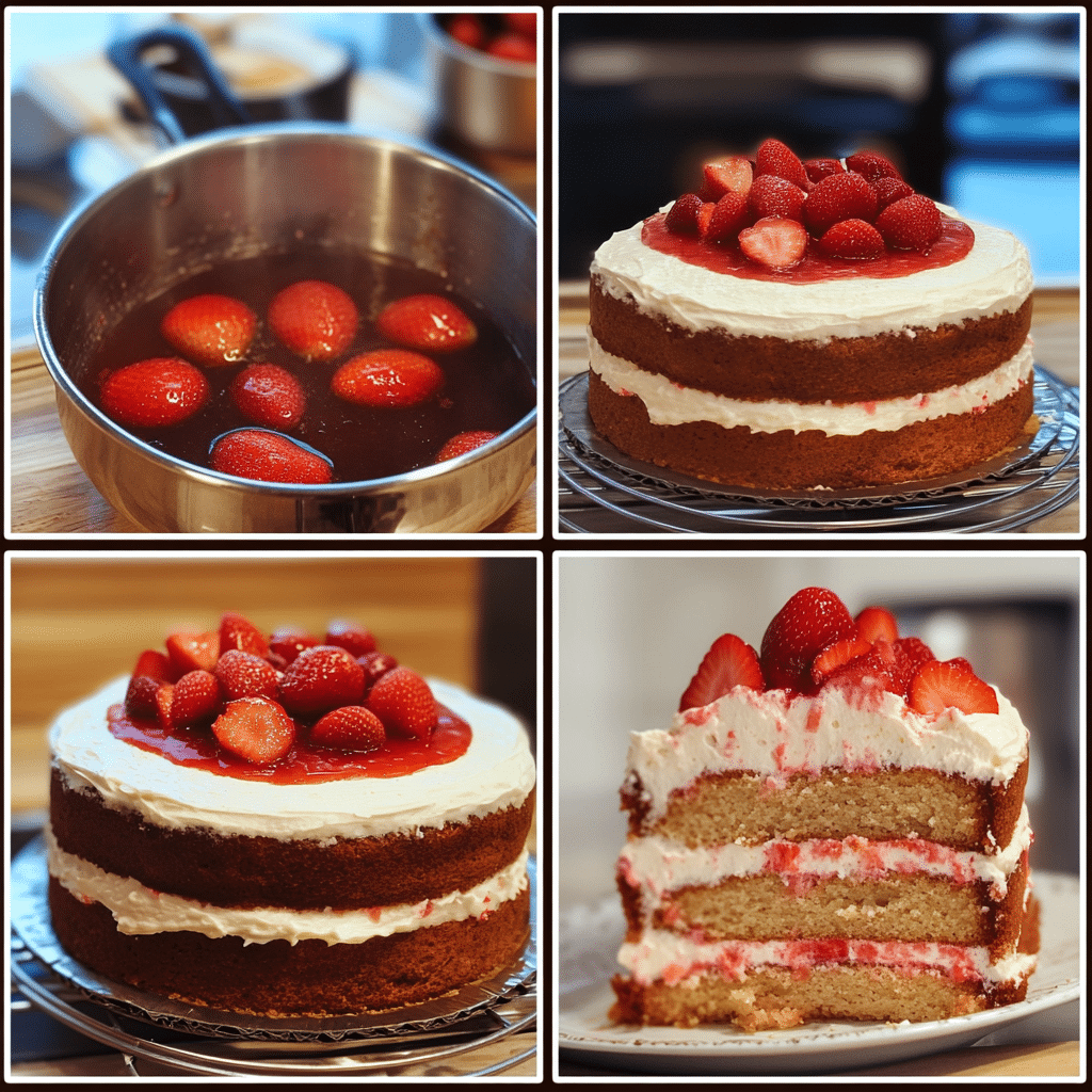 Four-step collage showing making strawberry puree, mixing batter, cooling layers, and frosting the finished strawberry cake