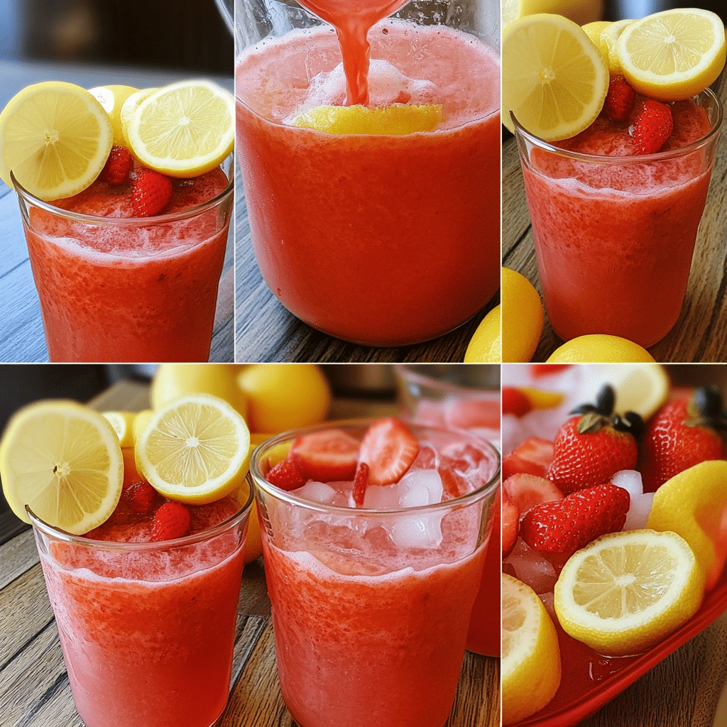 Collage of blending strawberries and mixing strawberry lemonade