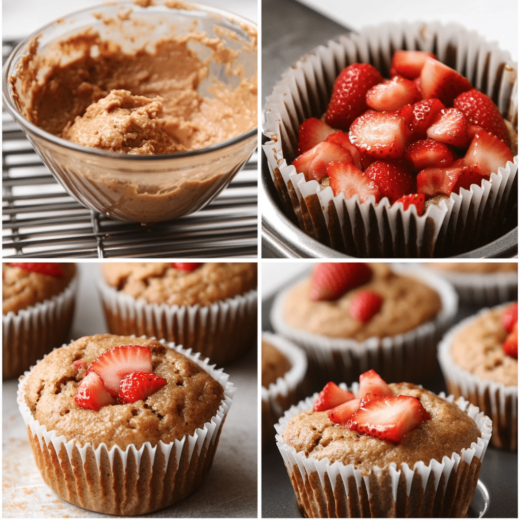 Four-step collage showing mixing muffin batter, adding strawberries, filling muffin pan, and baked muffins cooling