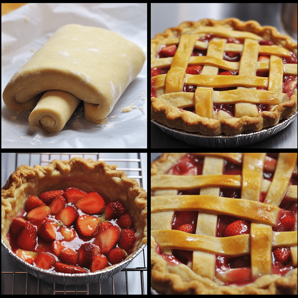 Collage of rolling crust, mixing filling, weaving lattice, and baked pie