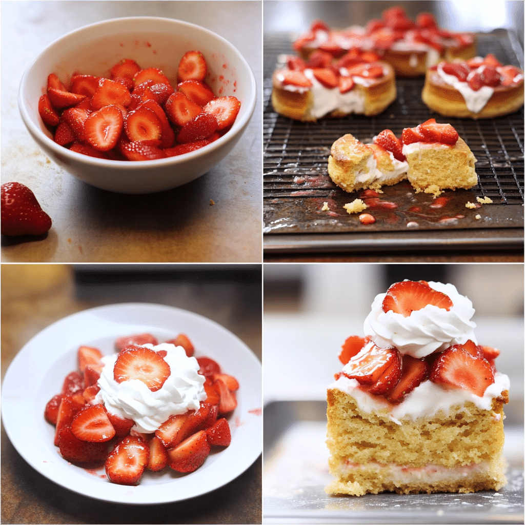 Four-step collage showing sweet strawberries, baking shortcakes, cooling, and assembling strawberry shortcake