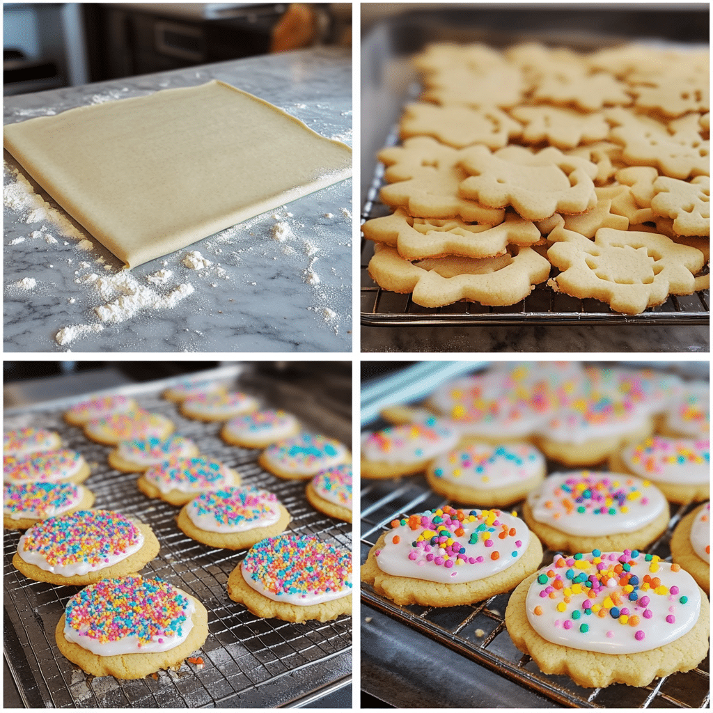 Four-step collage showing rolling dough, cutting cookies, cooling, and icing sugar cookies with sprinkles