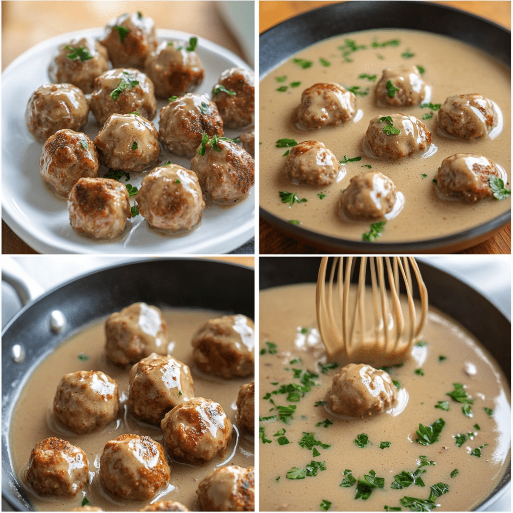 Four-step collage showing rolling meatballs, browning, making gravy, and simmering in sauce
