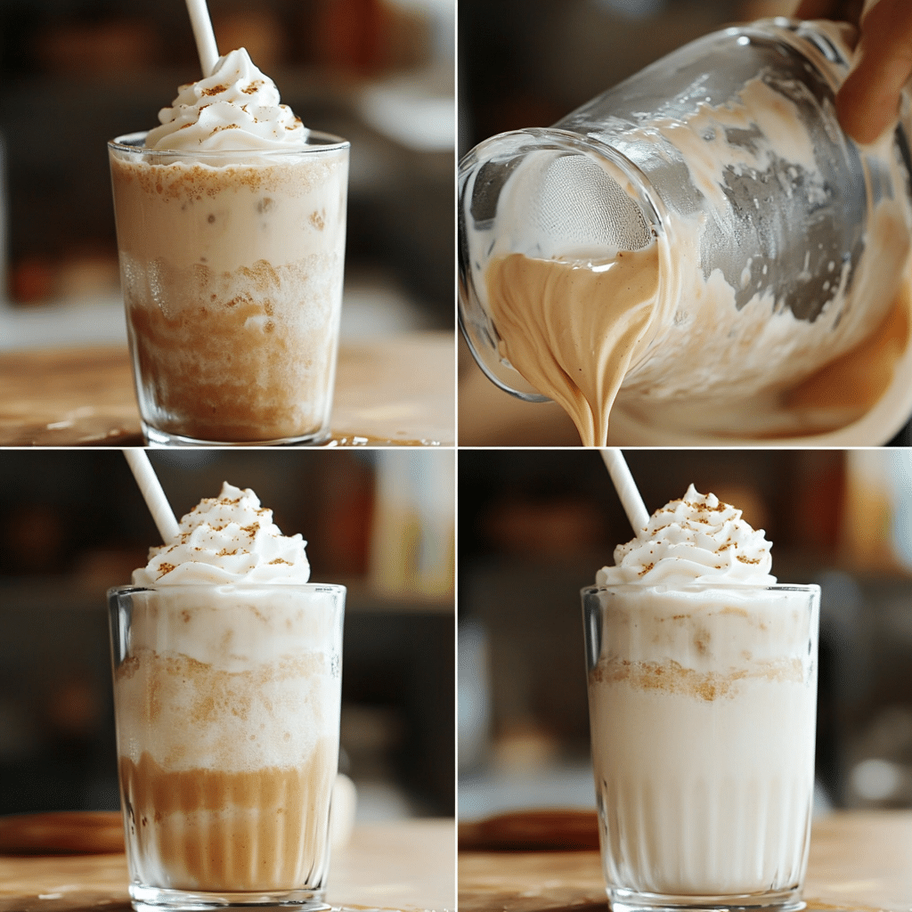 Four-step collage showing blending and serving a vanilla bean frappuccino copycat