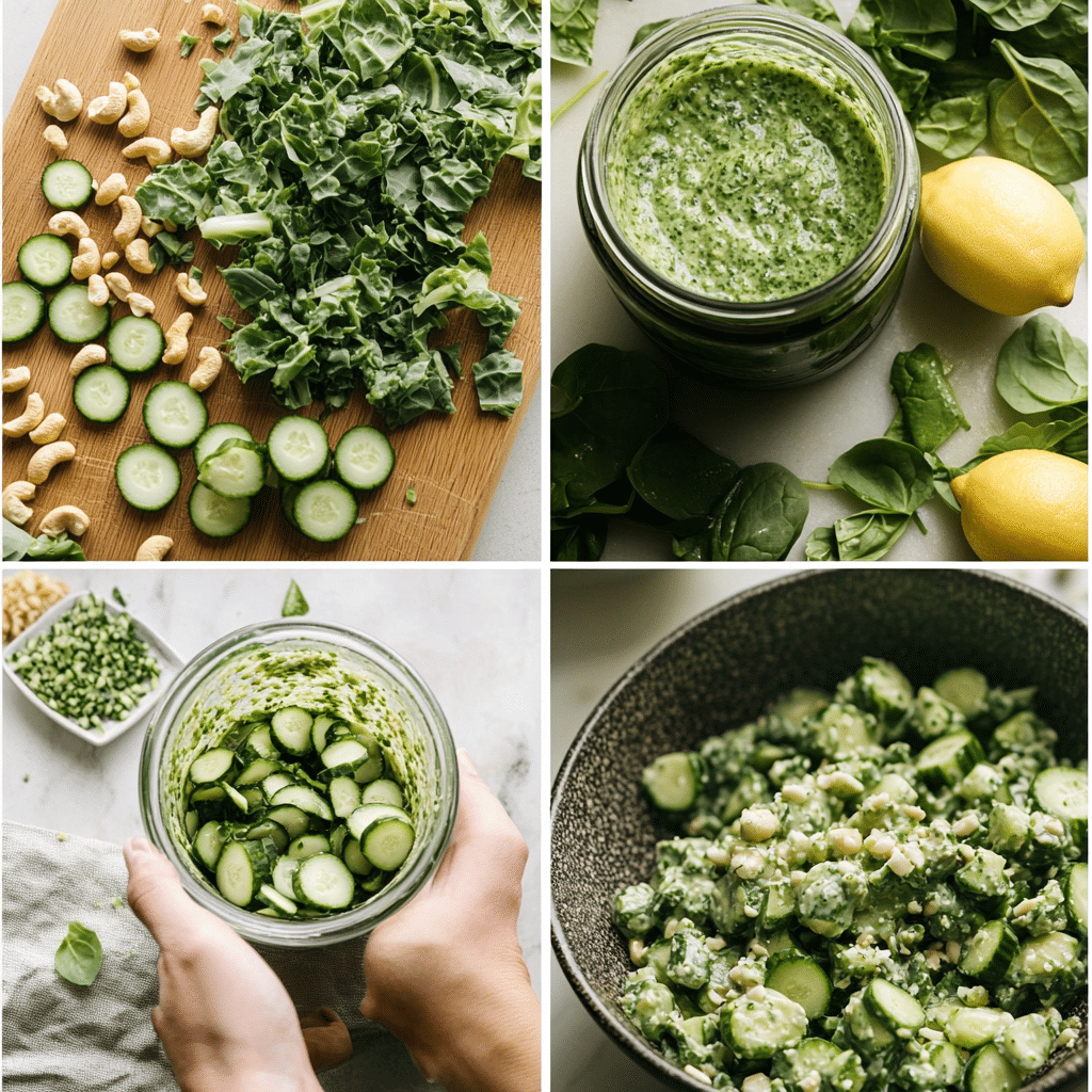 Four-step collage showing chopping veggies, blending green goddess dressing, and tossing salad