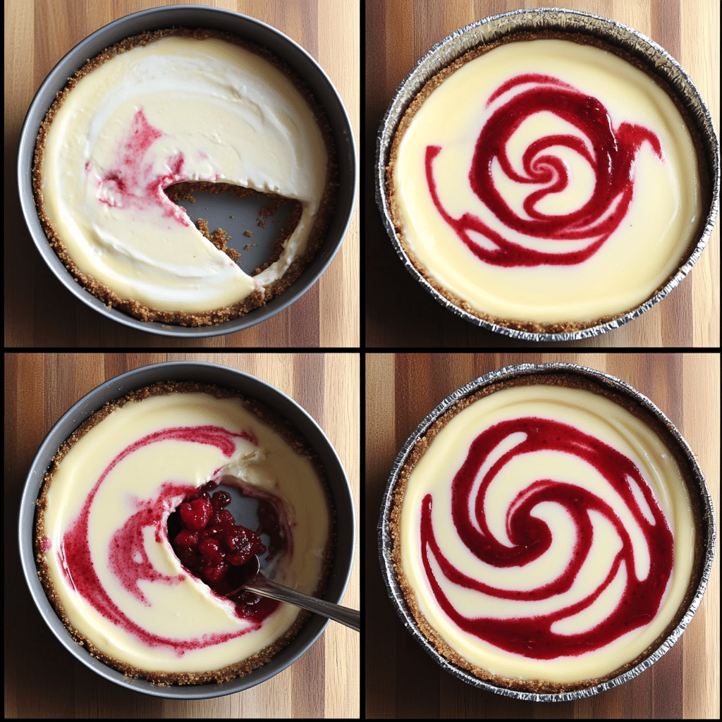 Collage of mixing cheesecake batter and swirling raspberry sauce
