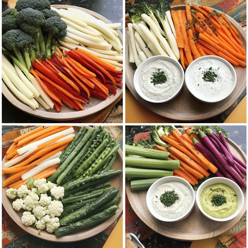 Four-step collage showing cutting vegetables, crisping in ice water, placing dips, and arranging a finished crudité platter