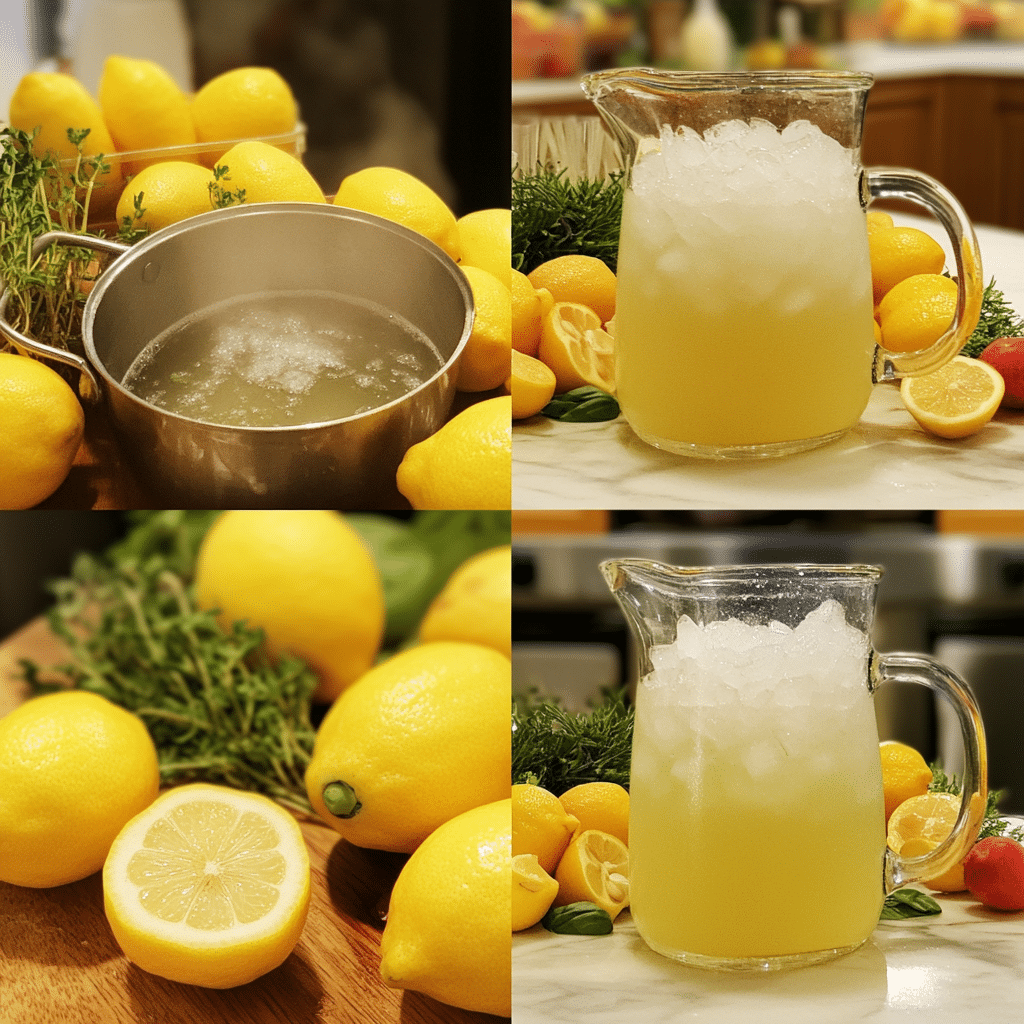 Four-step collage showing making simple syrup, juicing lemons, mixing lemonade, and setting up a lemonade bar