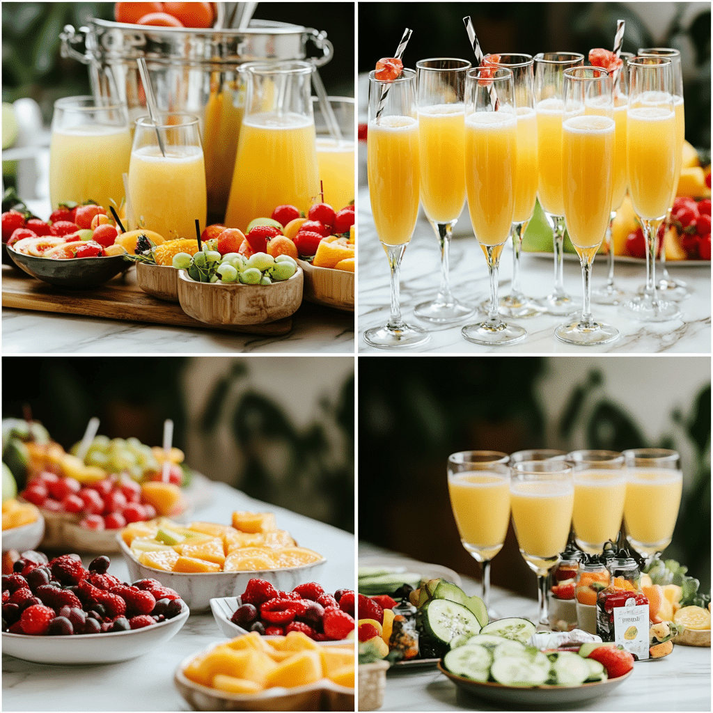 Four-step collage showing prepping juices, fruit, setting up the table, and making a mimosa