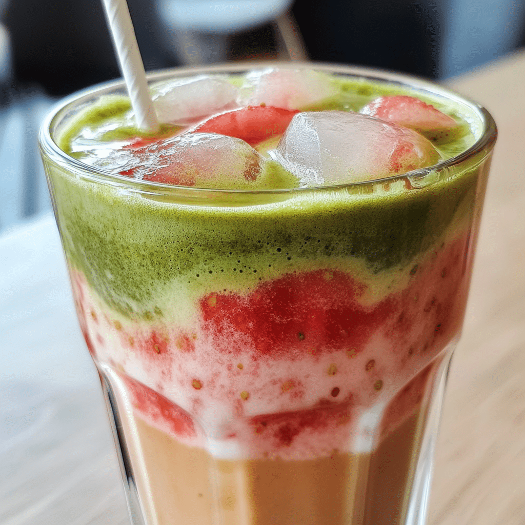 Glass of strawberry matcha latte with layered matcha and strawberry, served over ice