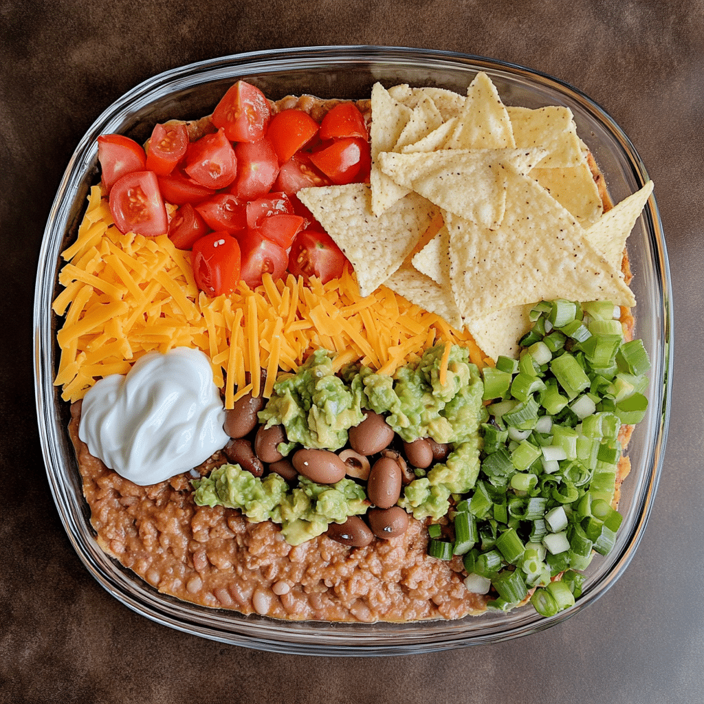 Ingredients for seven layer dip including beans sour cream guacamole salsa and cheese