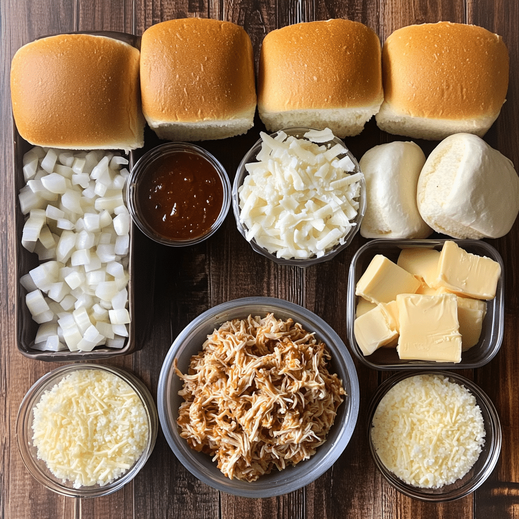 Ingredients for bbq chicken sliders including rolls shredded chicken bbq sauce and cheese
