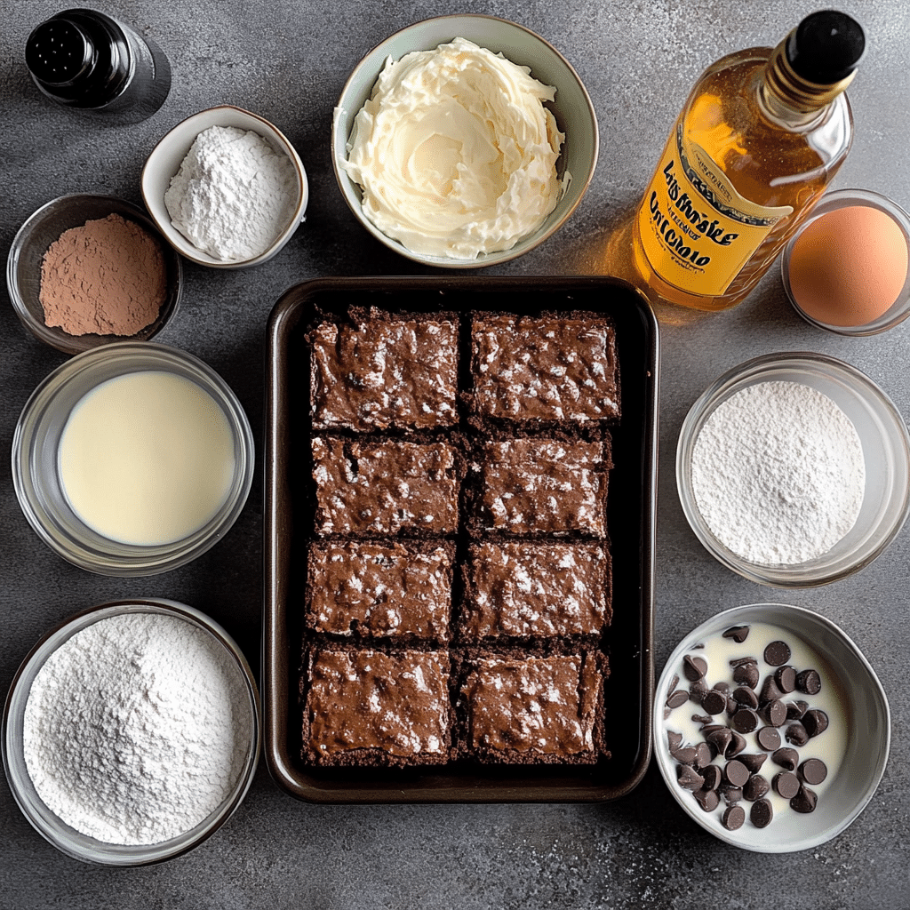ingredients for baileys irish cream brownies including cocoa butter eggs sugar flour and powdered sugar