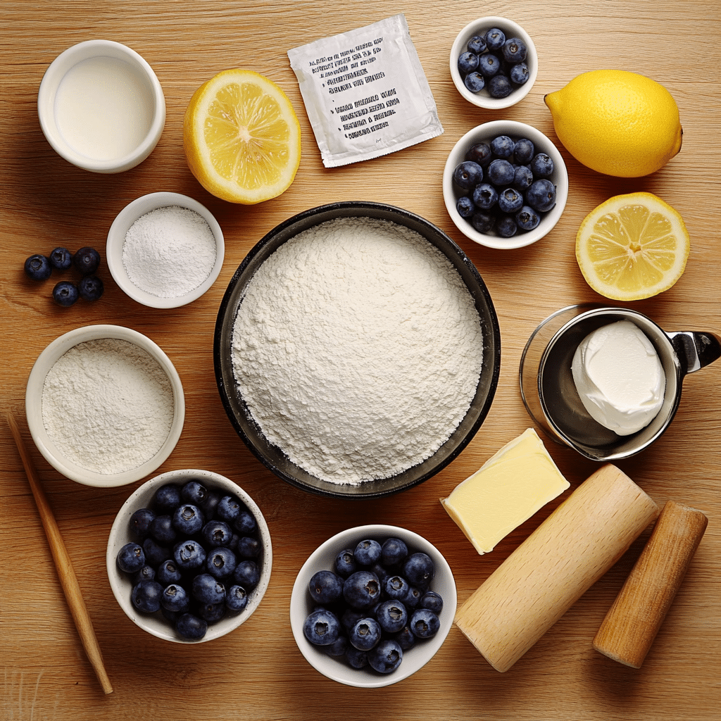 Ingredients laid out for blueberry sweet rolls including blueberries, lemon, flour, yeast, and powdered sugar