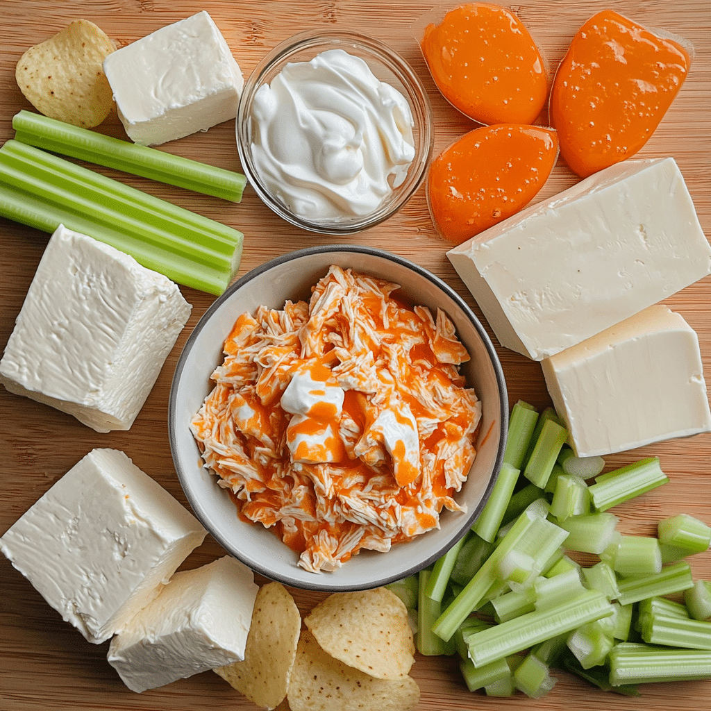 Ingredients for buffalo chicken dip on a counter