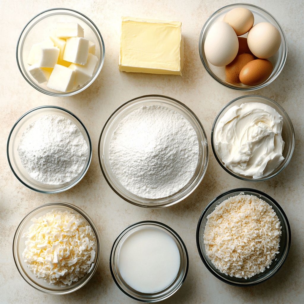 Ingredients laid out for coconut cake and coconut frosting