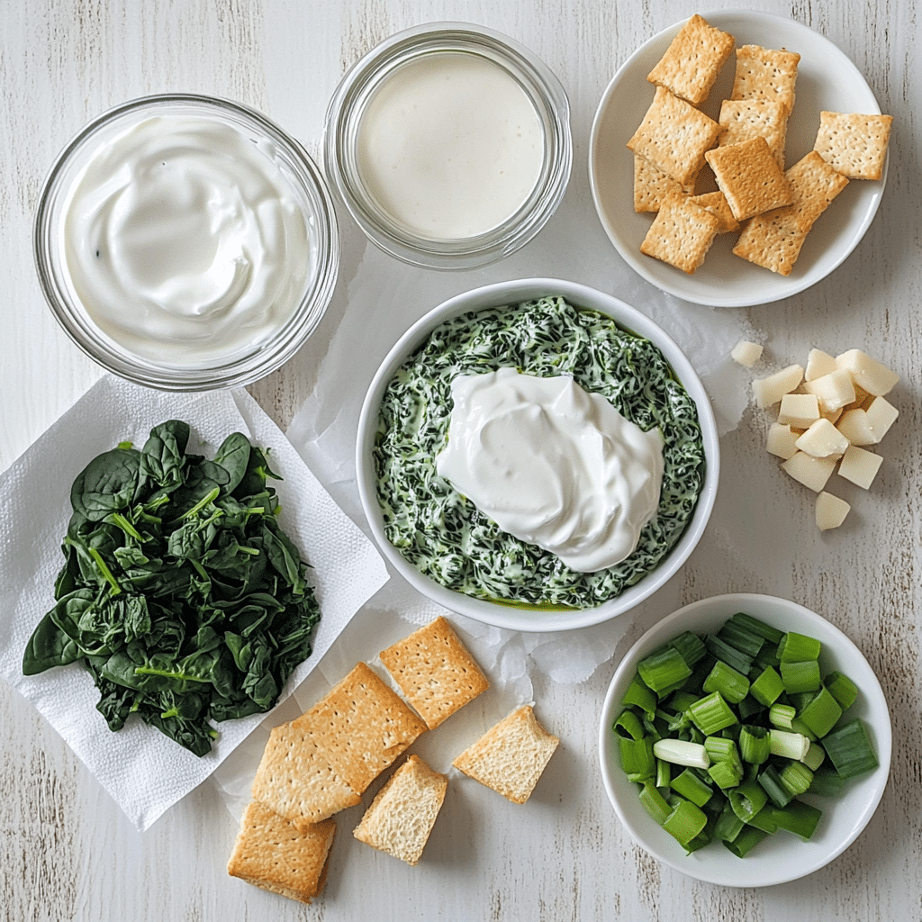 Ingredients for cold spinach dip including sour cream mayonnaise spinach soup mix and water chestnuts