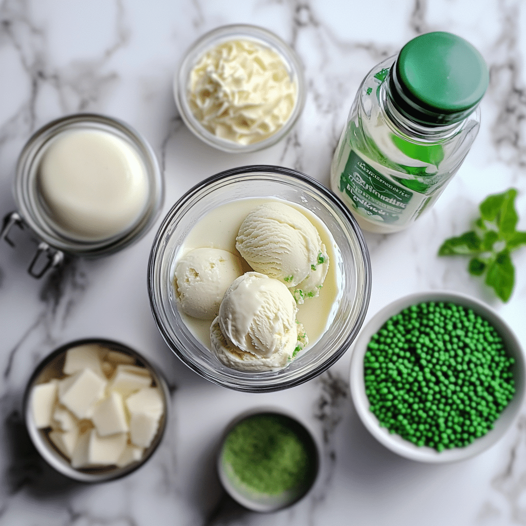 Ingredients for shamrock shake including ice cream milk mint extract and whipped cream