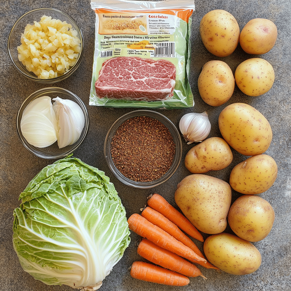 Ingredients for corned beef and cabbage including brisket potatoes carrots cabbage and broth