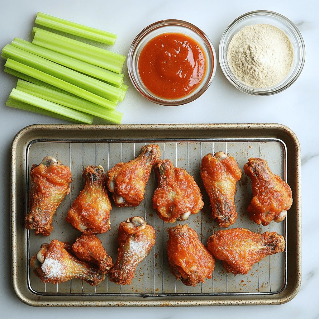 Ingredients for crispy chicken wings including wings baking powder spices celery and dip
