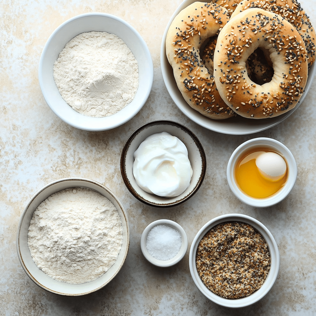 Overhead view of flour, Greek yogurt, baking powder, salt, egg wash, and bagel toppings on a counter