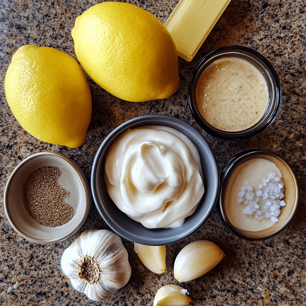 Ingredients laid out for quick garlic aioli