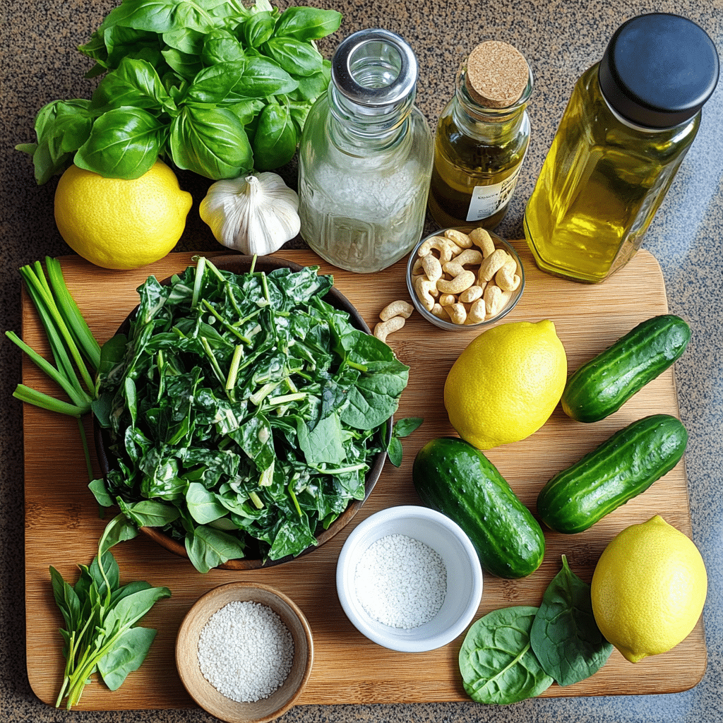 Ingredients for green goddess salad including cabbage, cucumbers, herbs, lemons, garlic, cashews, and nutritional yeast