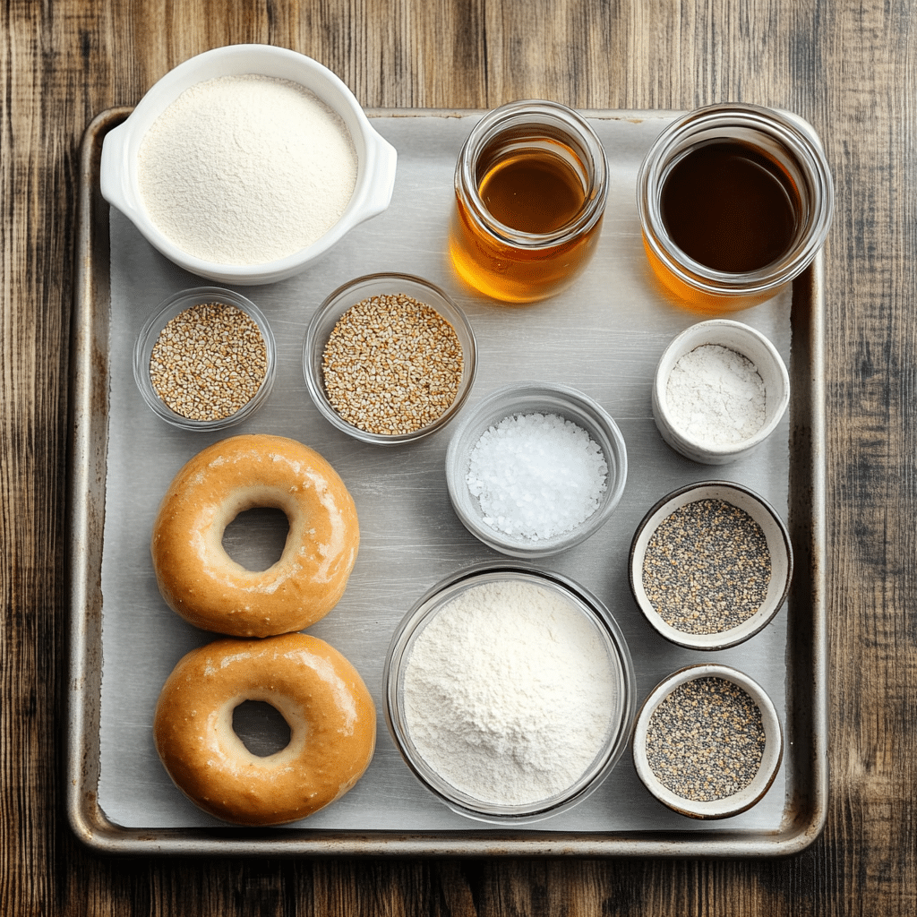 Ingredients for homemade bagels including flour, yeast, warm water, sugar, salt, and toppings