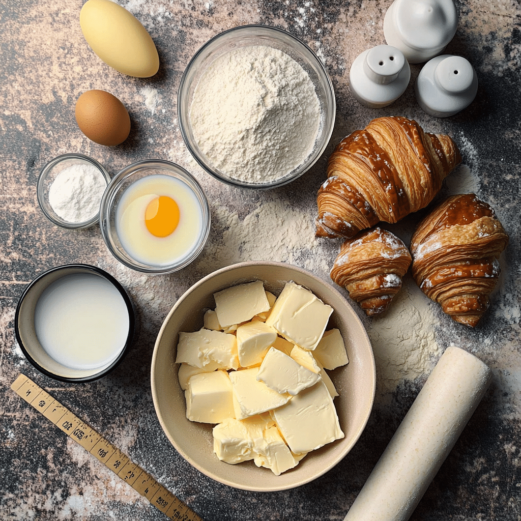 Overhead view of flour, yeast, milk, sugar, salt, butter, and egg wash ingredients for croissants