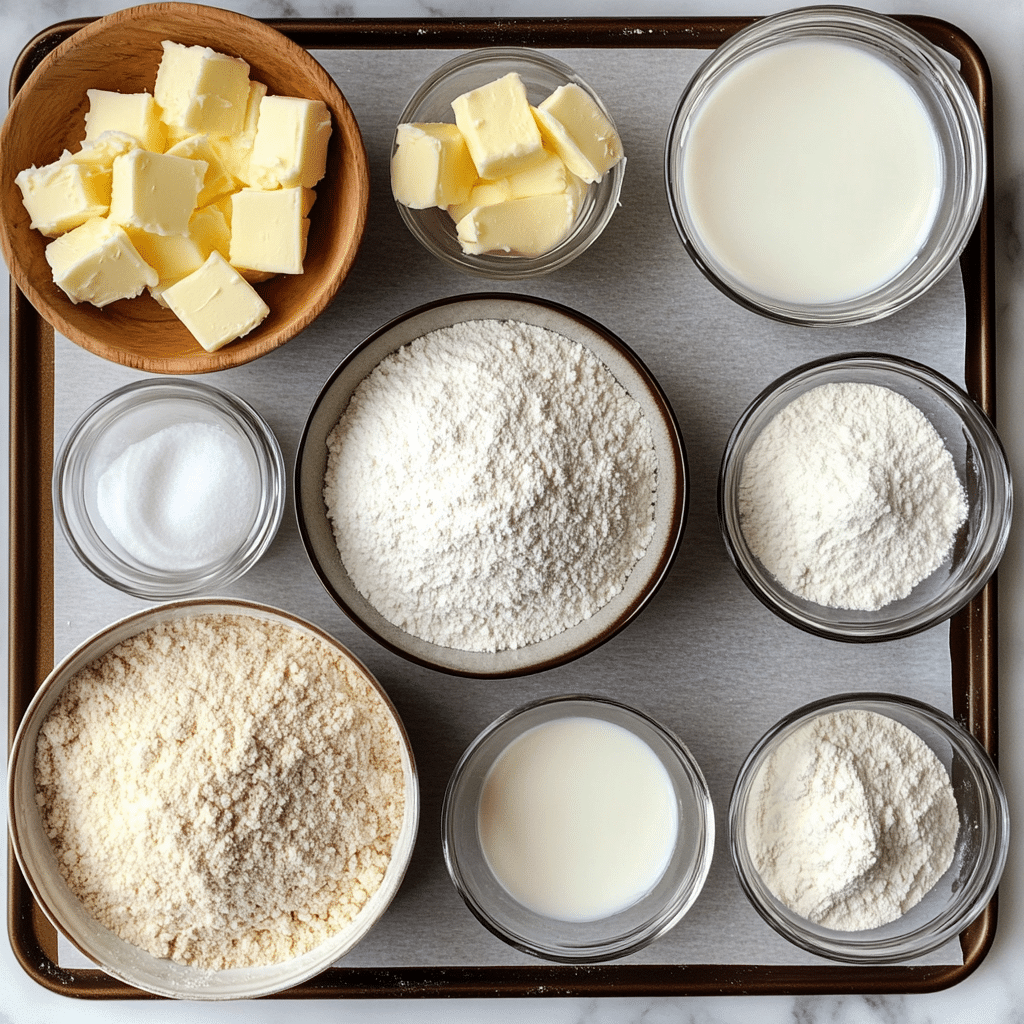 Ingredients for Irish soda bread including flour buttermilk baking soda and butter