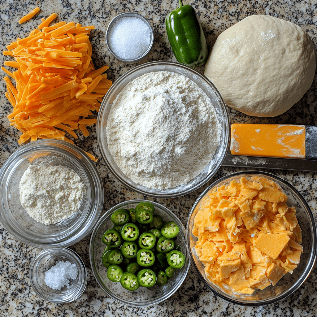 Ingredients for jalapeño cheddar sourdough including flour, starter, water, salt, cheddar, and jalapeños