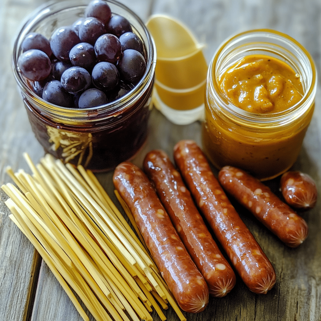 Ingredients for little smokies including cocktail sausages bbq sauce and grape jelly