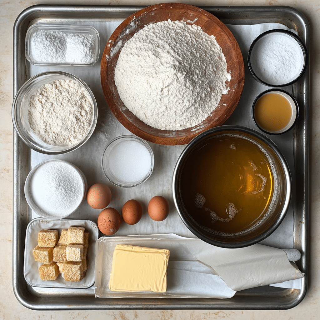 Ingredients for beignets including bread flour yeast warm water evaporated milk eggs vanilla butter and powdered sugar