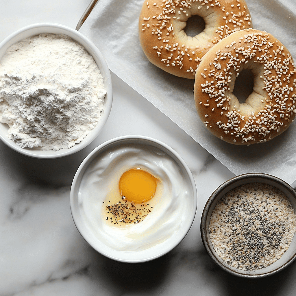 Ingredients for protein bagels including Greek yogurt, self-rising flour, protein powder, and egg white
