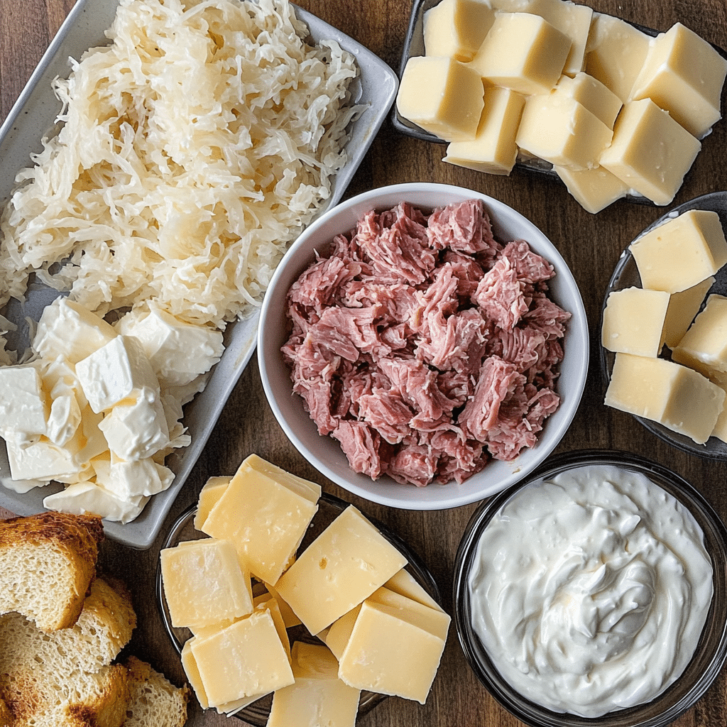 ingredients for reuben dip including corned beef sauerkraut cream cheese swiss cheese and dressing