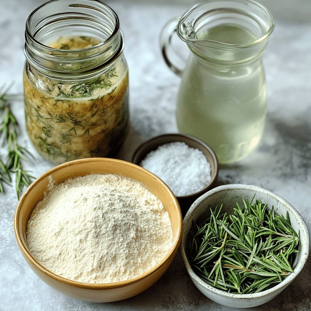 Ingredients for rosemary sourdough bread including flour, starter, water, salt, and rosemary