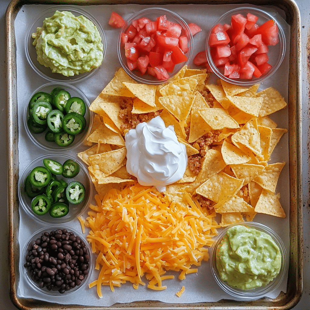 Ingredients for sheet pan nachos including chips cheese meat beans and toppings