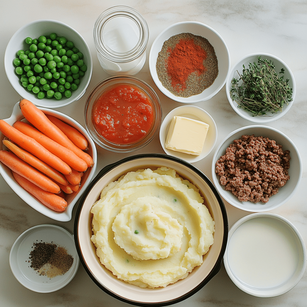 ingredients for shepherds pie including ground lamb vegetables broth and mashed potatoes