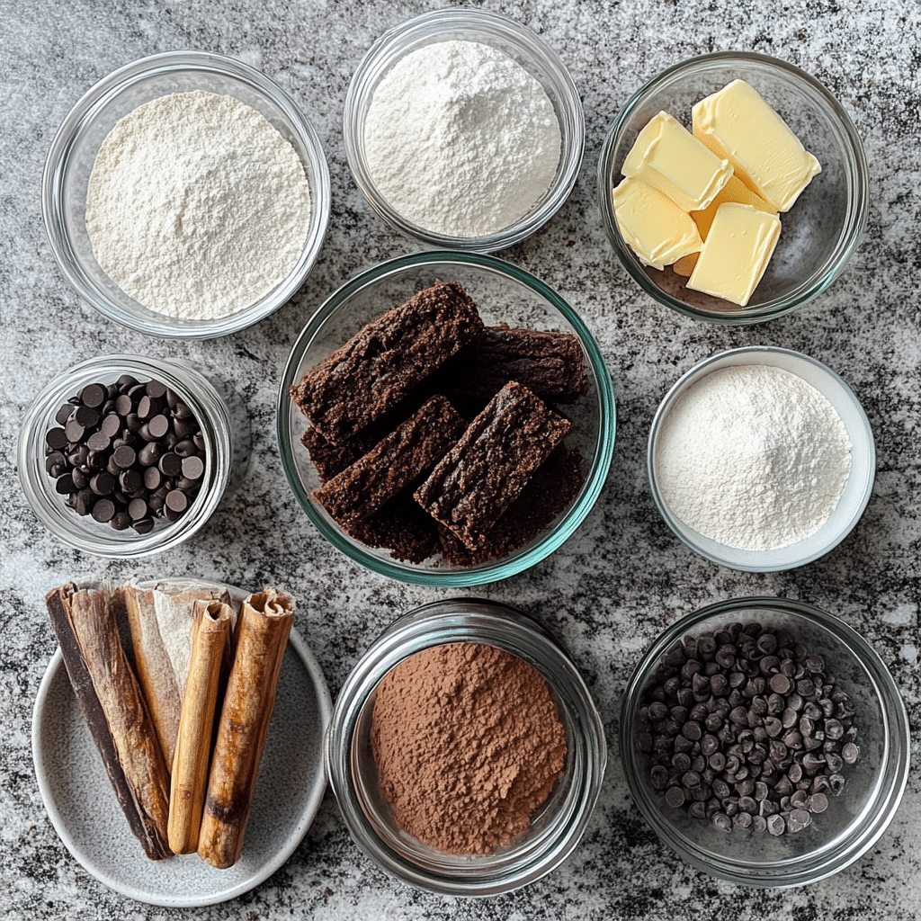 Overhead view of cocoa powder, chocolate chips, butter, eggs, sugars, flour, salt, and sourdough discard
