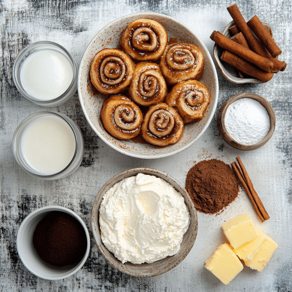 Ingredients for sourdough cinnamon rolls including starter, flour, butter, brown sugar, cinnamon, and cream cheese