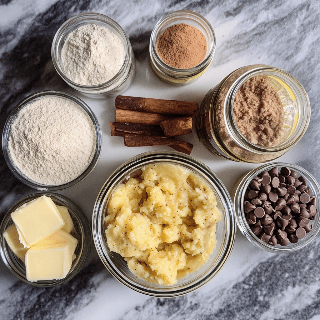 Overhead view of mashed bananas, sourdough discard, flour, eggs, brown sugar, butter, cinnamon, and leaveners