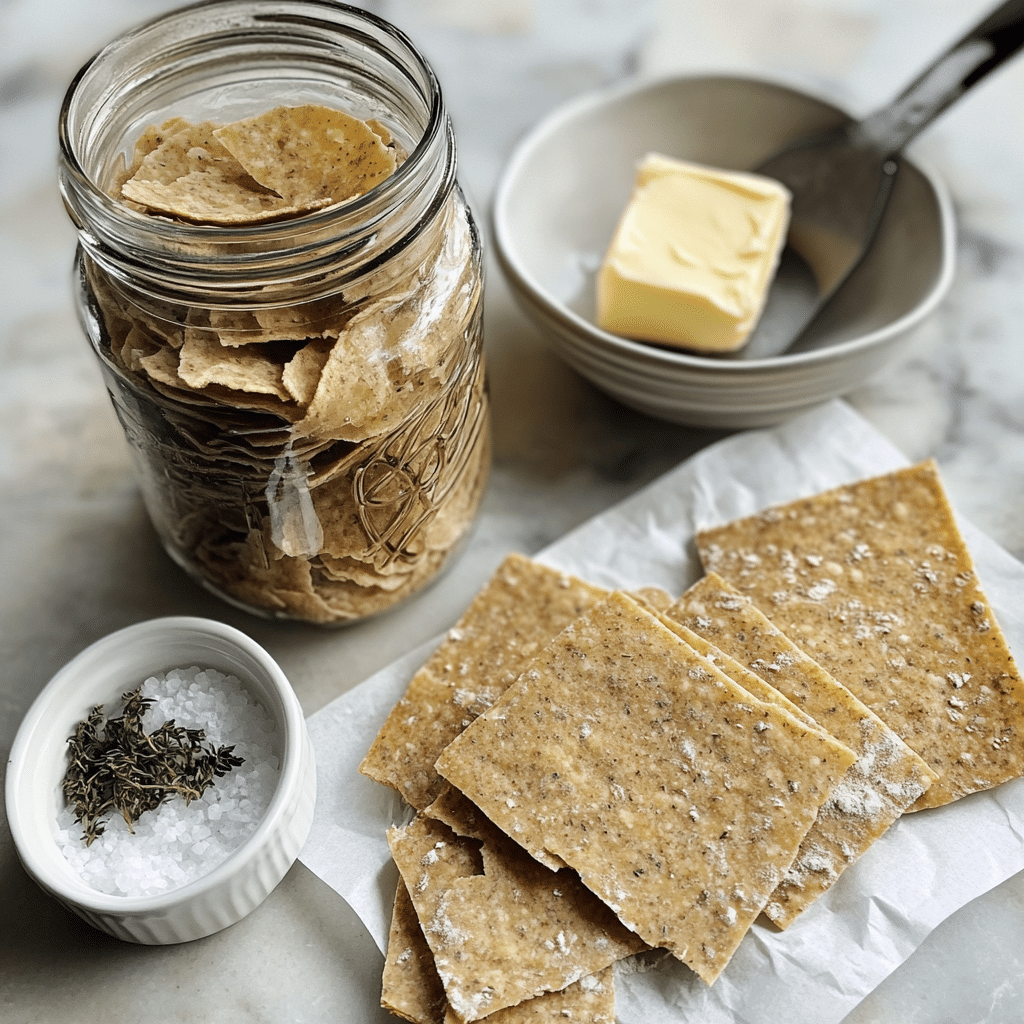 Overhead view of sourdough discard, melted butter, dried herbs, salt, parchment paper, and a spatula