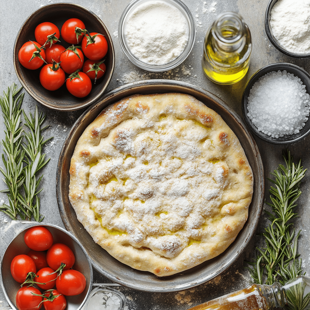 Ingredients for sourdough focaccia including flour, starter, water, salt, olive oil, and toppings