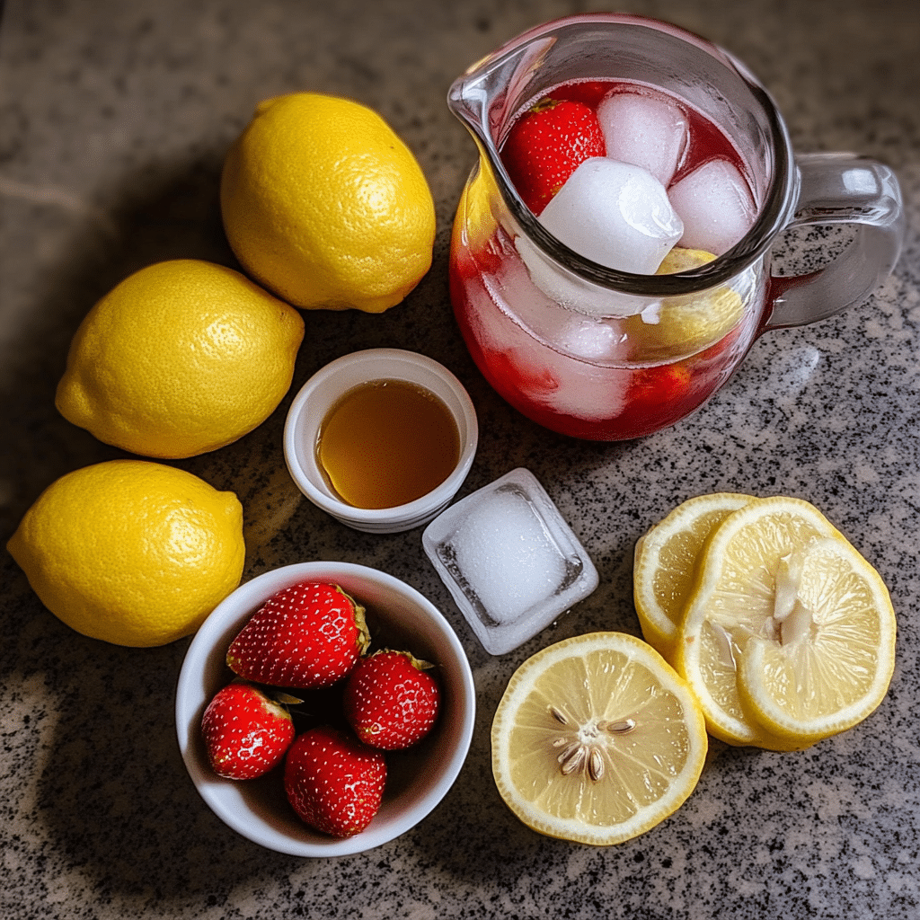 Ingredients for strawberry lemonade including strawberries and lemons