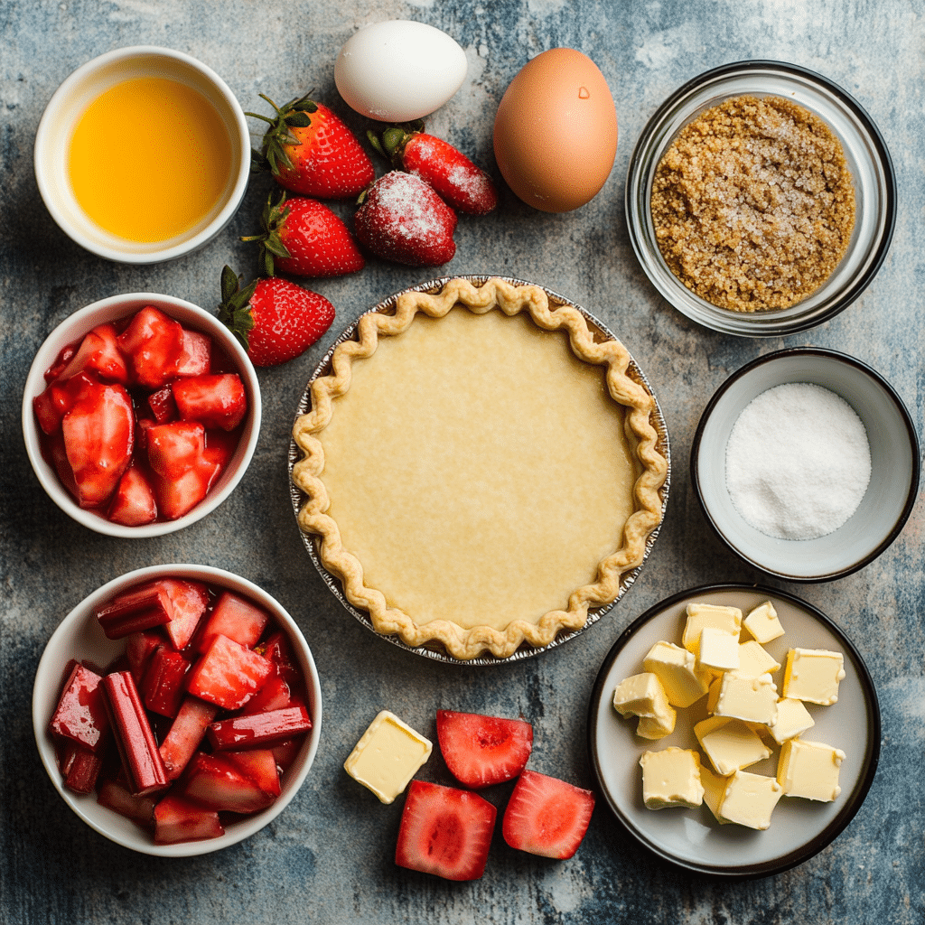 Ingredients laid out for strawberry rhubarb pie filling and crust