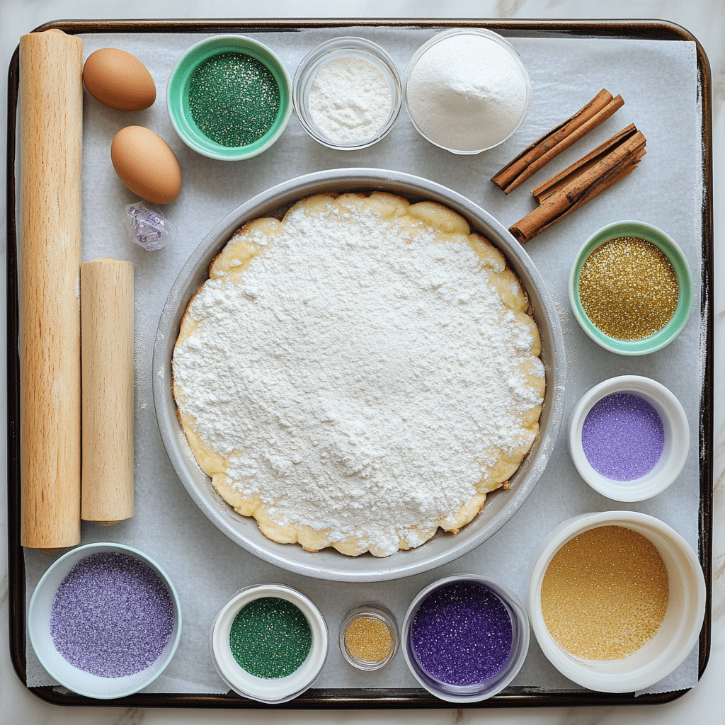 Ingredients for Mardi Gras king cake including flour yeast sour cream cinnamon powdered sugar and colored sanding sugar