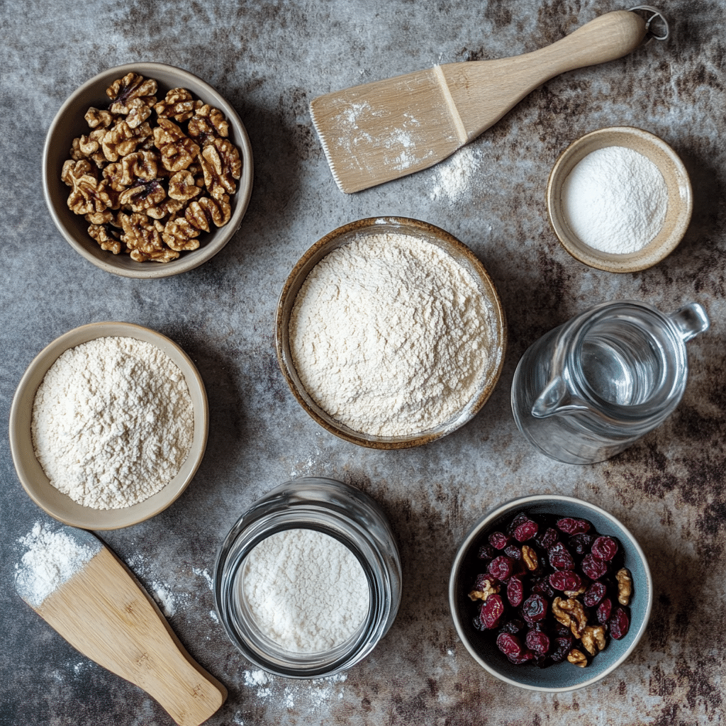 Ingredients for walnut cranberry sourdough bread on a counter