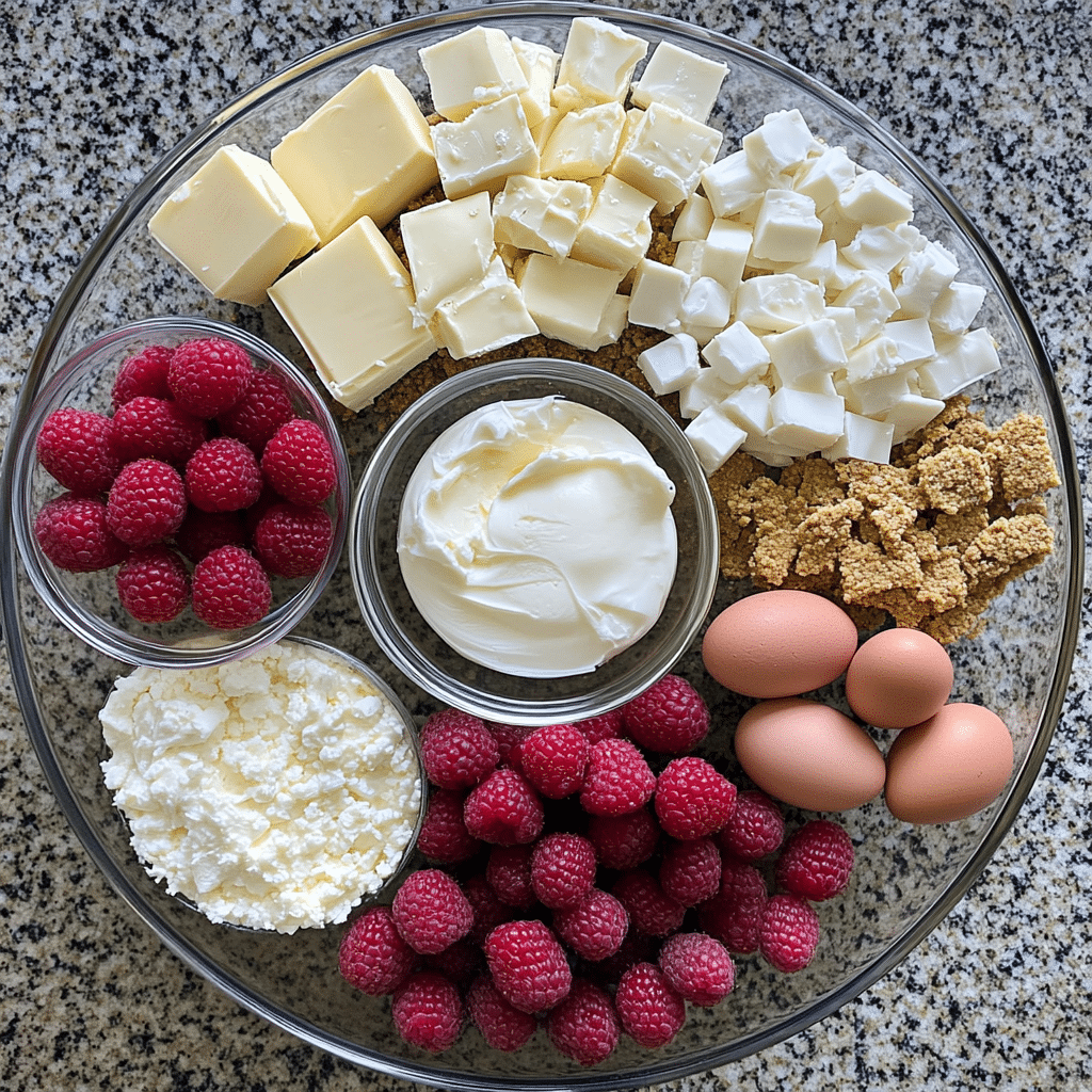 Ingredients laid out for white chocolate raspberry cheesecake